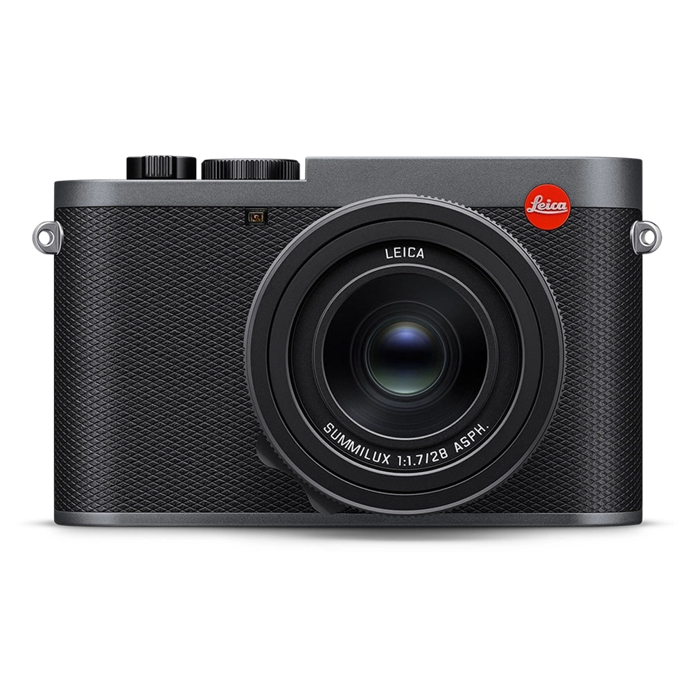 Leica camera with a black body and red logo on a white background