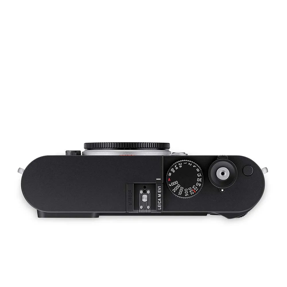 Leica M EV1 Black camera body top view on a white background