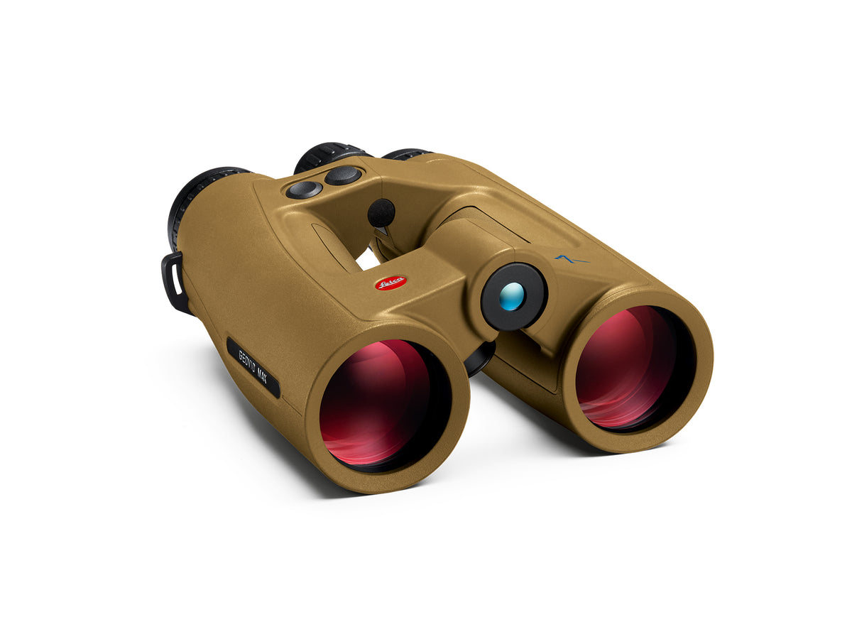 A pair of Leica binoculars in a matte tan/khaki finish with red lenses, shown on a clean white background.