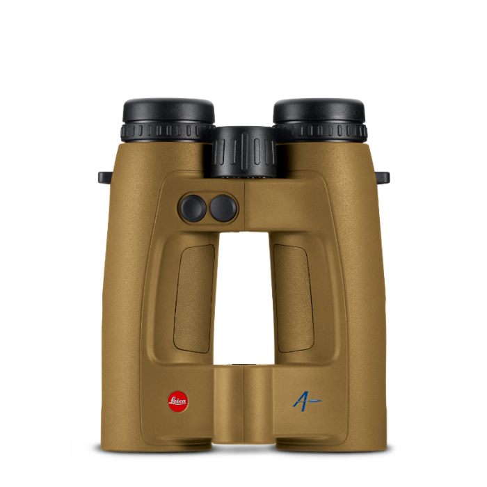 Leica binoculars in a matte tan finish with black eyecups and controls, shown against a solid white background.