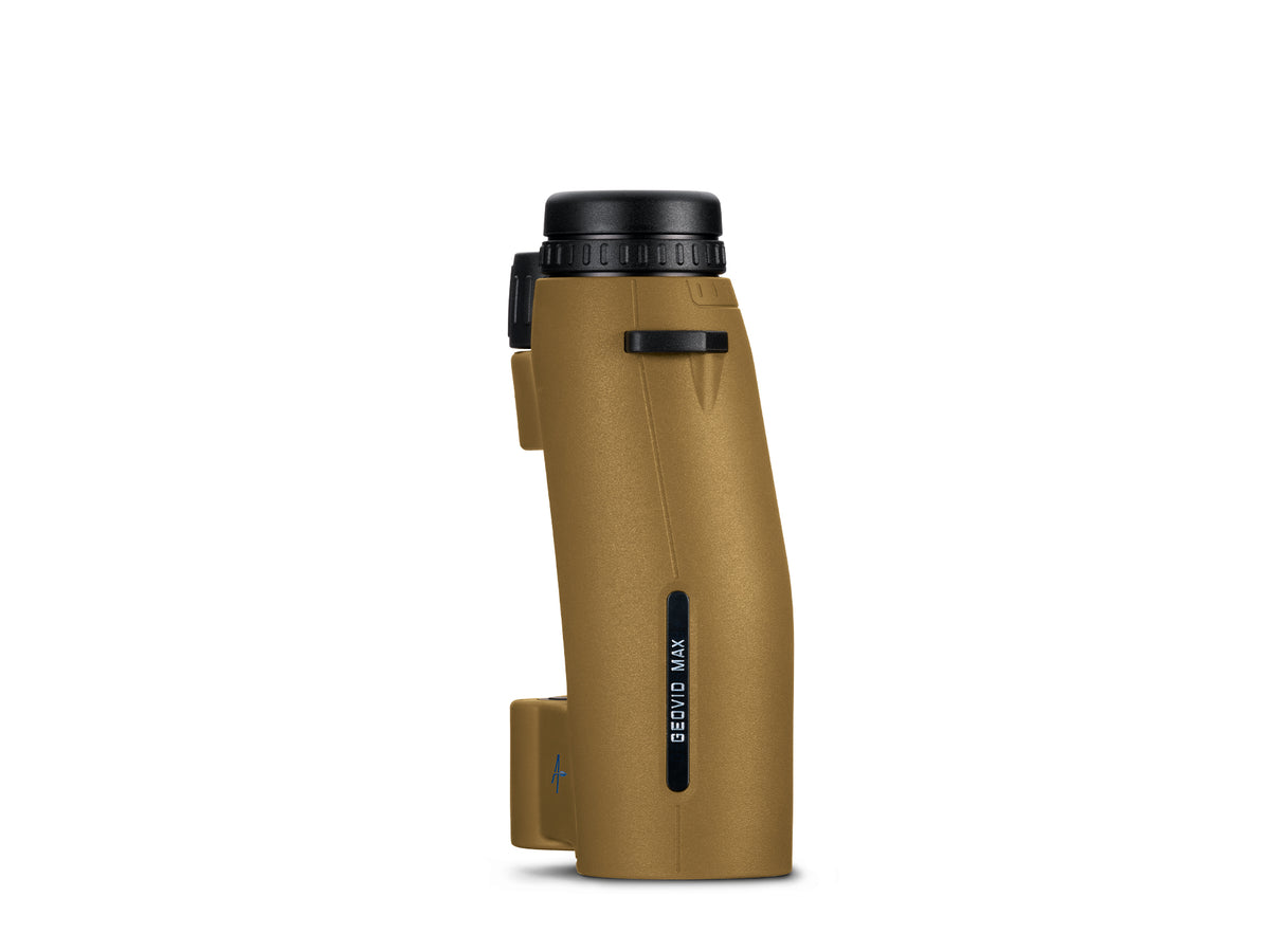 A Securitas XM-1K monocular binocular with a matte tan body and black accents, shown from a side profile view on a solid white background.