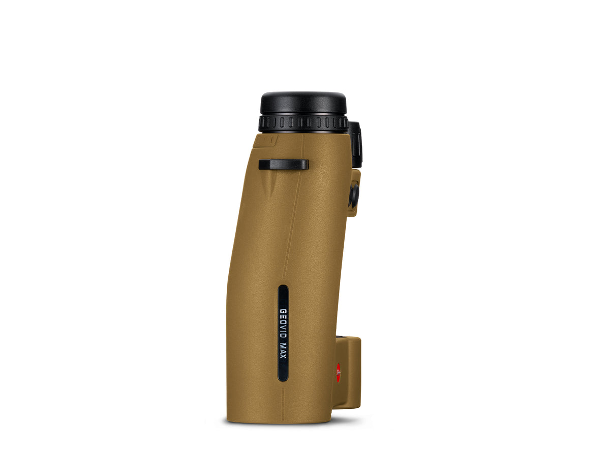 A tan and black Leica monocular binocular with a textured finish, shown from a side profile view on a solid white background.
