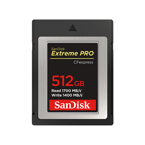 SanDisk Extreme PRO CFexpress card with 512GB capacity on a white background