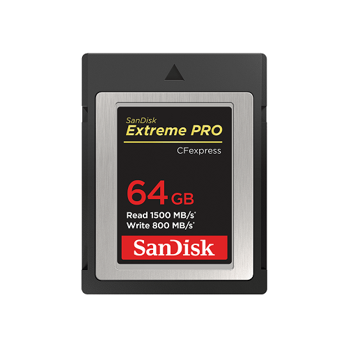 SanDisk Extreme PRO CFexpress card with 64GB capacity on a white background
