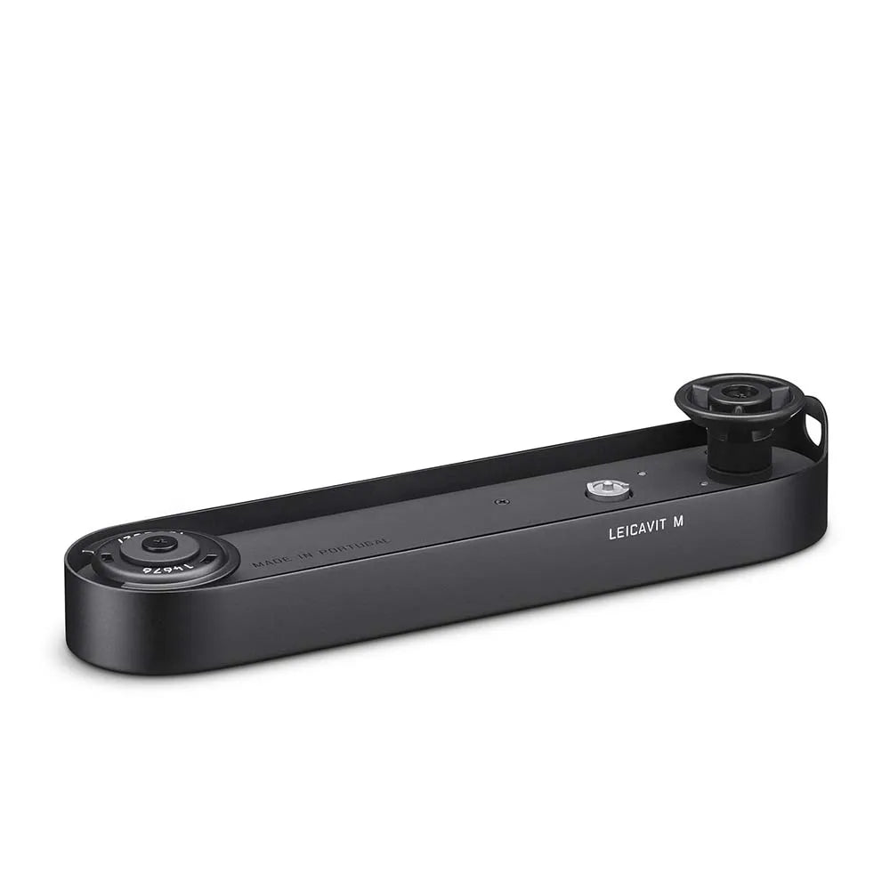 Black camera accessory with 'LEICAVIT M' branding on a white background