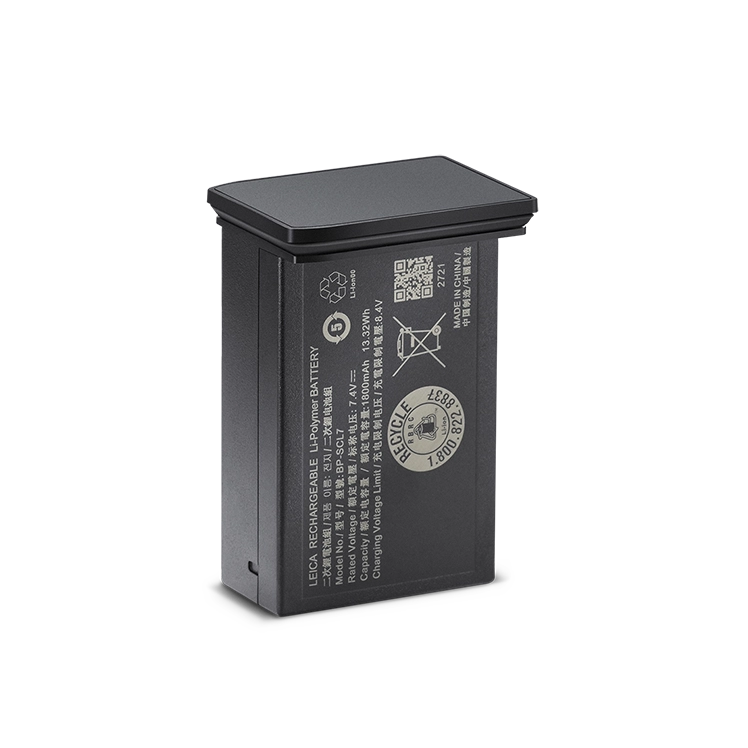 Black battery pack with branding and text on a white background