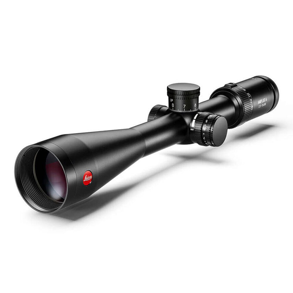 A Leica scope with a matte black finish, featuring a red Leica logo on the front lens housing and white text on the eyepiece, shown on a clean white background with a soft shadow.