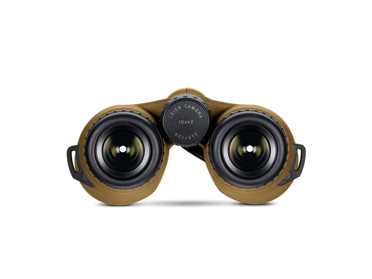 A pair of Leica binoculars with a tan protective sleeve and black accents, shown from the front on a white background.