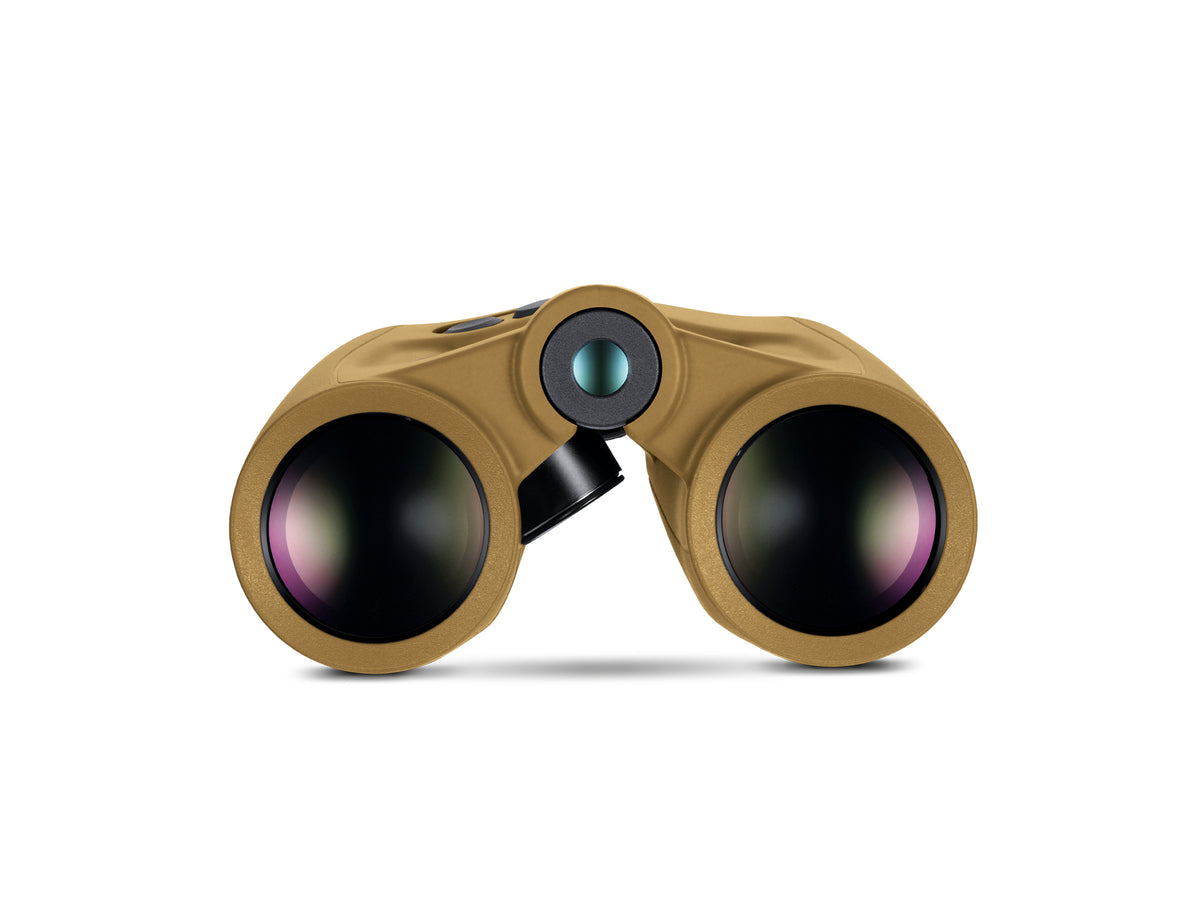 A pair of tan binoculars with black and dark gray accents, shown against a plain white background.