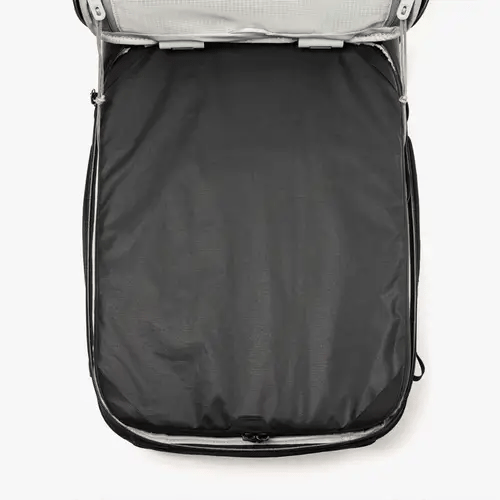 Black backpack with a white interior on a white background