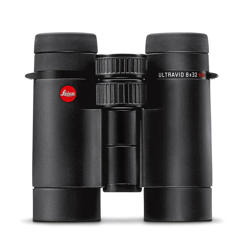 A pair of black Leica Ultravid 8x32 HD-Plus binoculars with visible brand logo, placed against a white background.